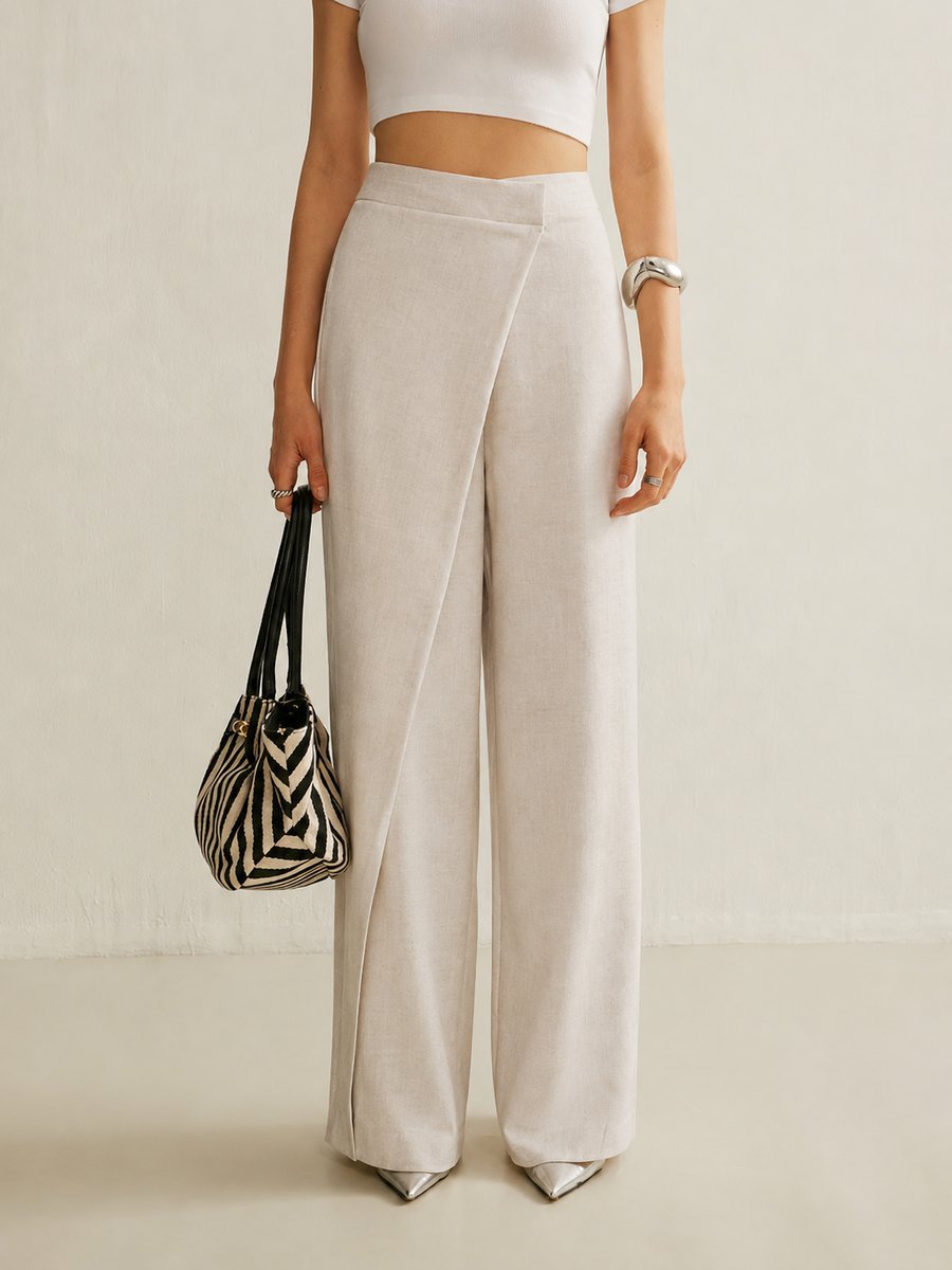 Dames High-Waisted Broek – Asymmetrisch, Brede Pijpen, Geschikt voor Casual en Werk