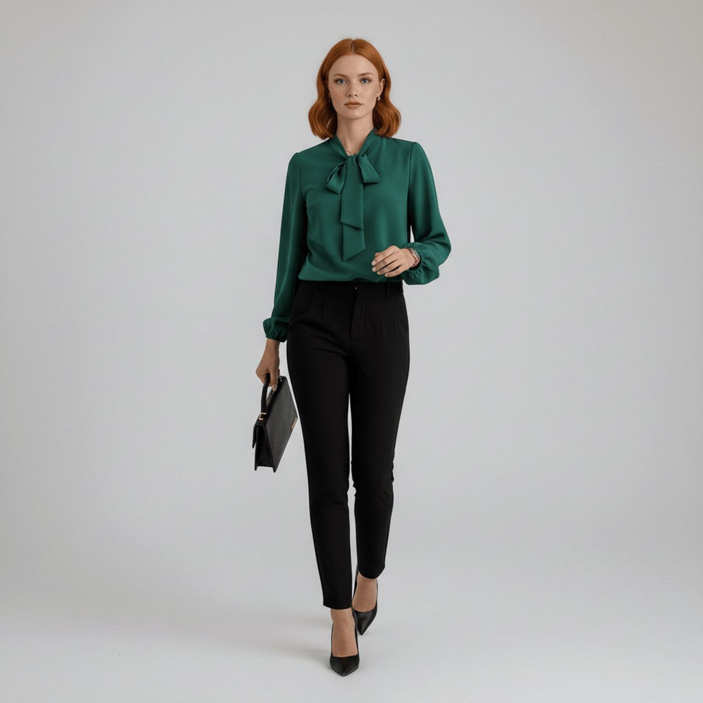 Dames Relaxed-Fit Blouse – Met Strik, Lange Mouwen, Geschikt voor Werk en Dagelijks Gebruik