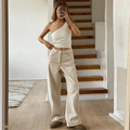 Zinnia flared broek dames | Casual beige lage taille broek met losse pasvorm