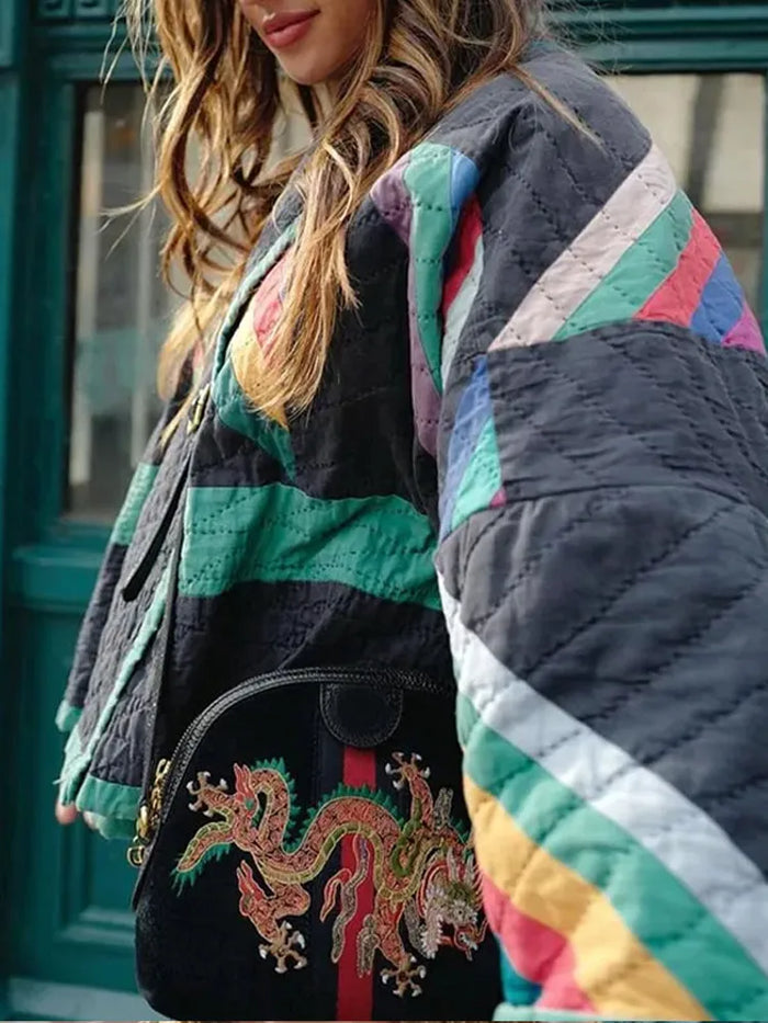 Zeline retro gewatteerde jas dames | Oversized patchwork jas met unieke stijl